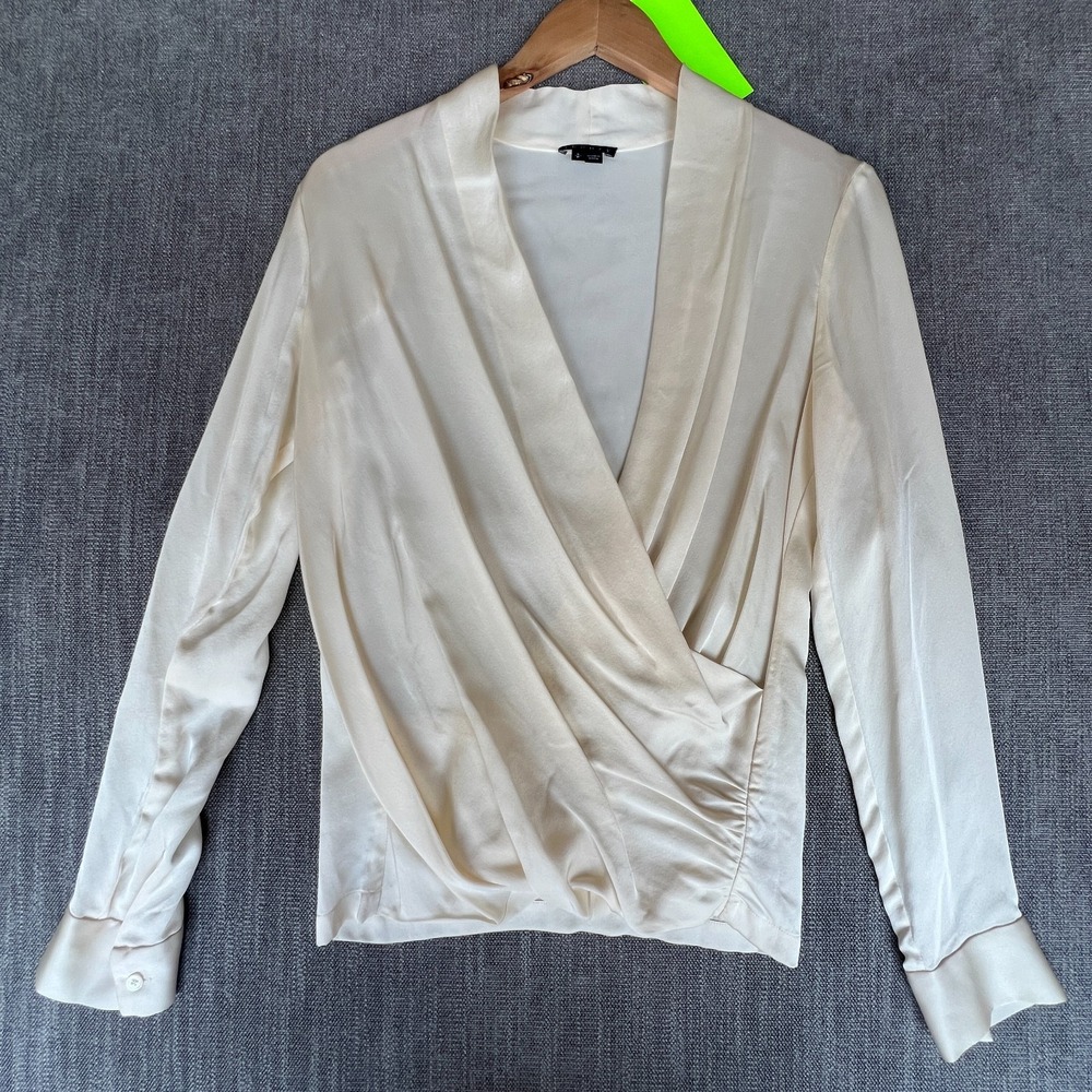 Theory Wrap Top Womens S Ivory Silk Long Sleeve Minimalist Fashion Evening Wear